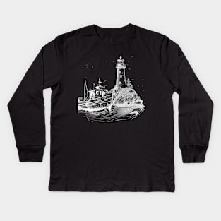 lighthouse with an old boat in vintage style Kids Long Sleeve T-Shirt